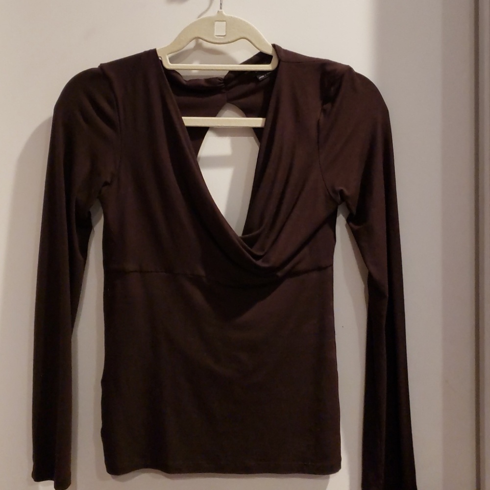 Bcbg brown top with swoop back and sequined strap